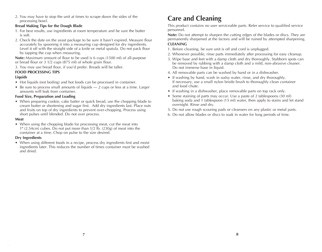 Black & Decker FP1550SDC manual Care and Cleaning 