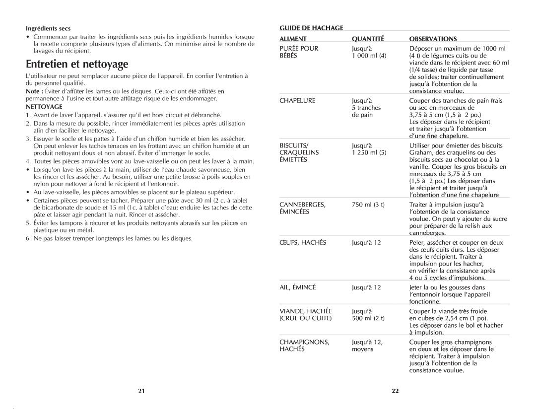Black & Decker FP1550SDC manual Entretien et nettoyage, Ingrédients secs, Nettoyage, Guide De Hachage, Aliment, Quantité 
