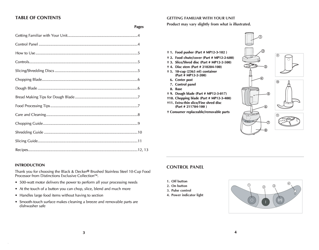 Black & Decker FP1550SDC manual Table Of Contents, control panel, Pages, Getting Familiar with Your Unit, Introduction 