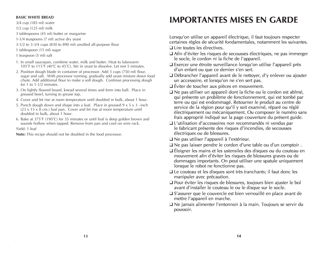Black & Decker FP1550SDC manual Importantes Mises En Garde 