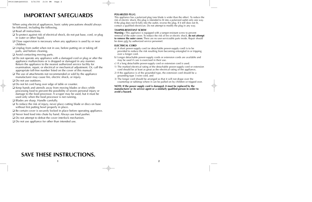 Black & Decker FP1610 manual Important Safeguards, Save These Instructions 