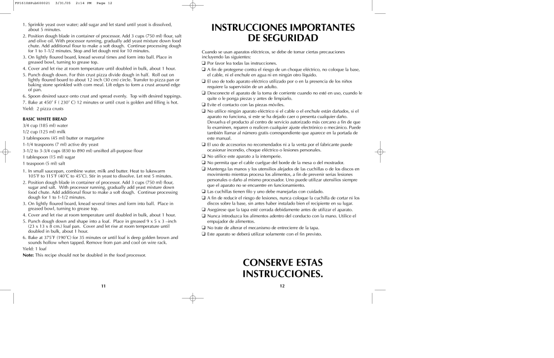 Black & Decker FP1610 manual Instrucciones Importantes De Seguridad, Conserve Estas Instrucciones, Basic White Bread 