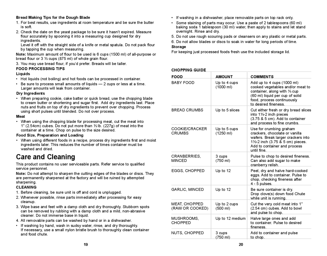 Black & Decker FP1611SCKT manual Care and Cleaning, Chopping Guide Food Amount Comments 