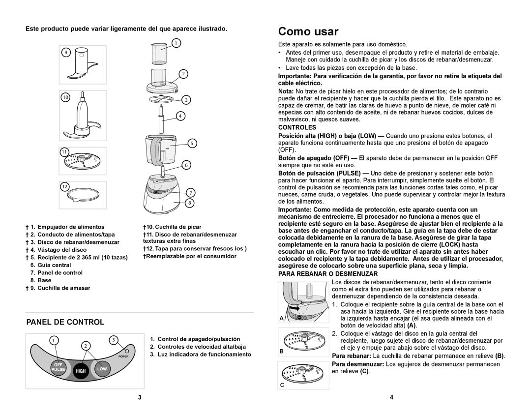 Black & Decker FP1611SCKT manual Como usar, Controles, Para Rebanar O Desmenuzar 