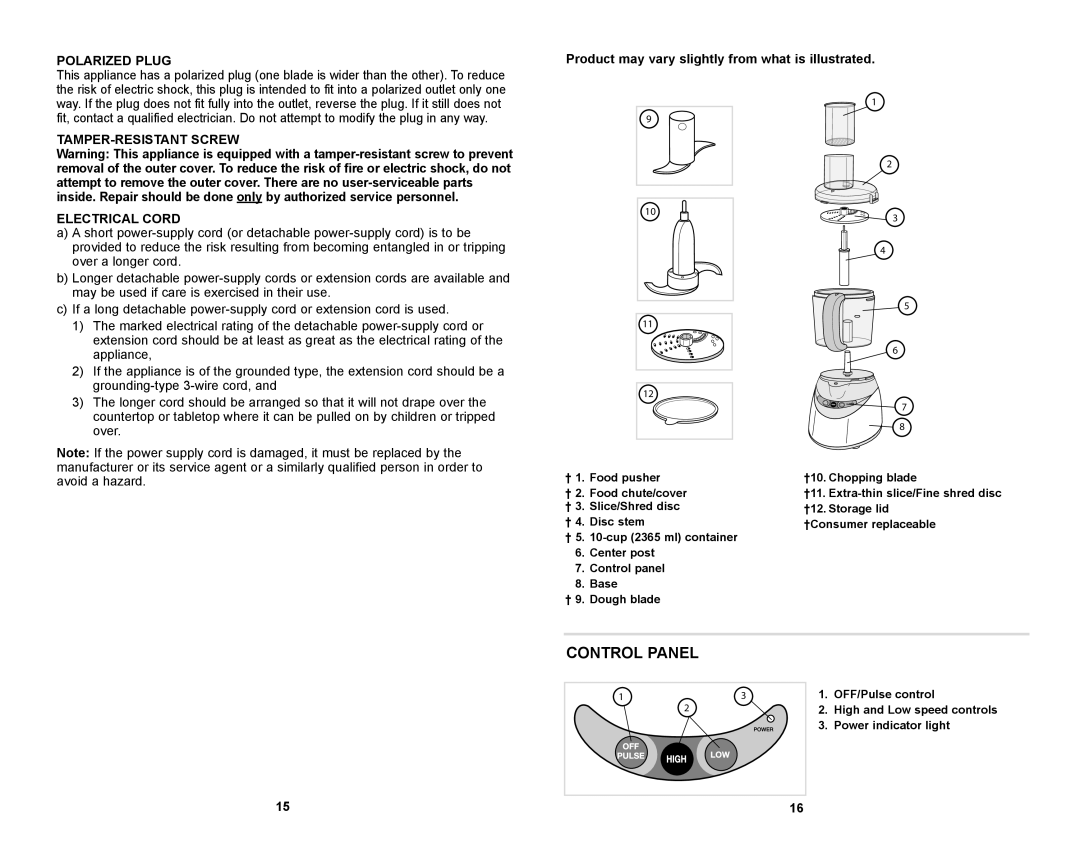 Black & Decker FP1611SCKT manual Polarized Plug, TAMPER-RESISTANT Screw Electrical Cord 