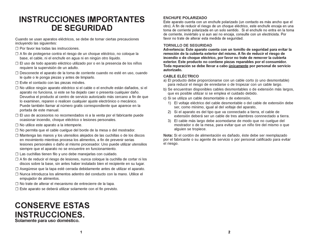 Black & Decker FP1611SCKT manual Instrucciones Importantes De Seguridad, Conserve Estas Instrucciones, Enchufe Polarizado 