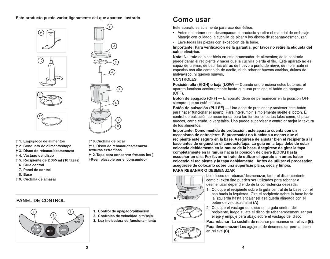 Black & Decker FP1611SCKT manual Como usar, panel DE control, Controles, Para Rebanar O Desmenuzar 