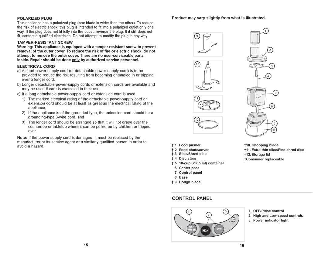 Black & Decker FP1611SCKT manual control panel, Polarized Plug, Tamper-Resistantscrew, Electrical Cord 