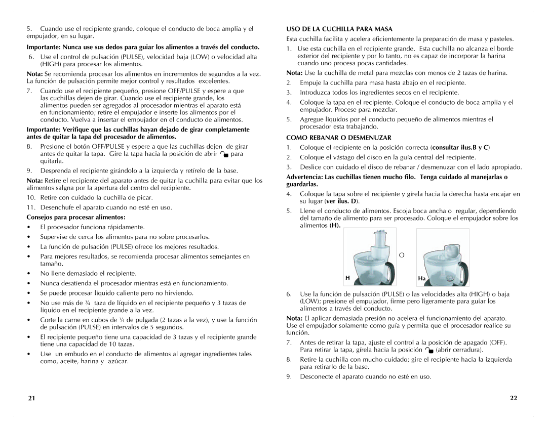 Black & Decker FP2500, FP2510S Consejos para procesar alimentos, Uso de la cuchilla para masa, Como Rebanar O Desmenuzar 