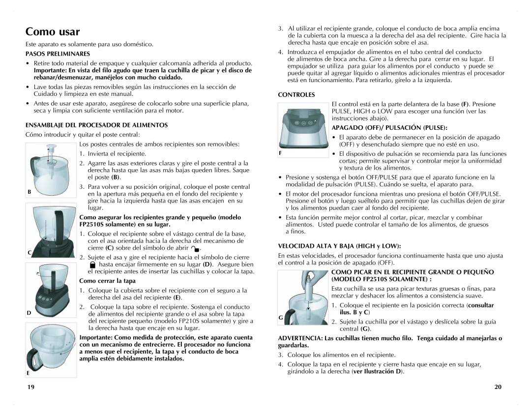 Black & Decker FP2510S Como usar, Pasos Preliminares, Ensamblaje Del Procesador De Alimentos, Apagado OFF/ Pulsación PULSE 