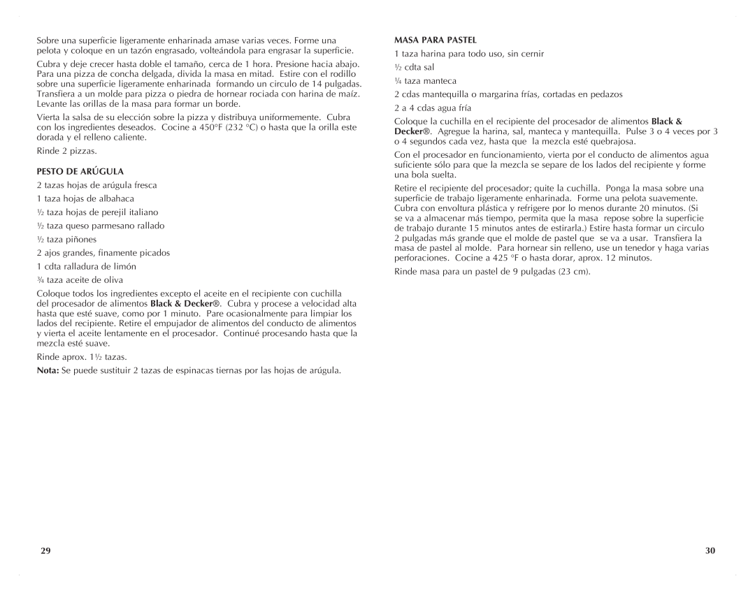 Black & Decker FP2500, FP2510S manual Pesto de arúgula, Masa para pastel 