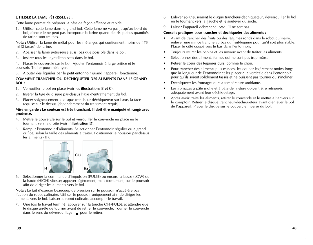 Black & Decker FP2510S, FP2500 manual Utiliser La Lame Pétrisseuse 