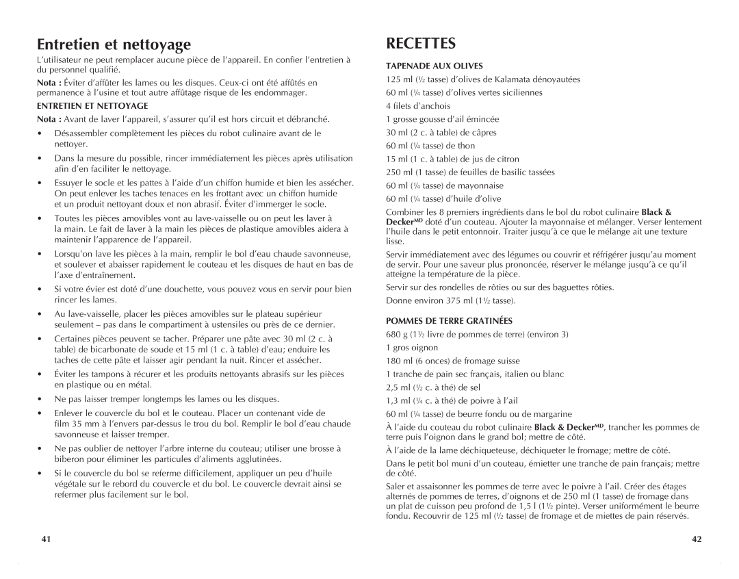 Black & Decker FP2500, FP2510S manual Entretien et nettoyage, Recettes, Entretien Et Nettoyage, Tapenade Aux Olives 