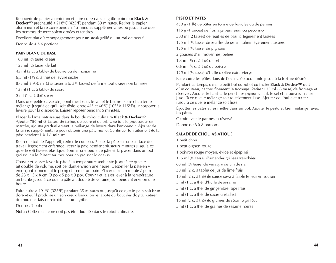 Black & Decker FP2510S, FP2500 manual Pain Blanc De Base, Pesto Et Pâtes, Salade De Chou Asiatique 