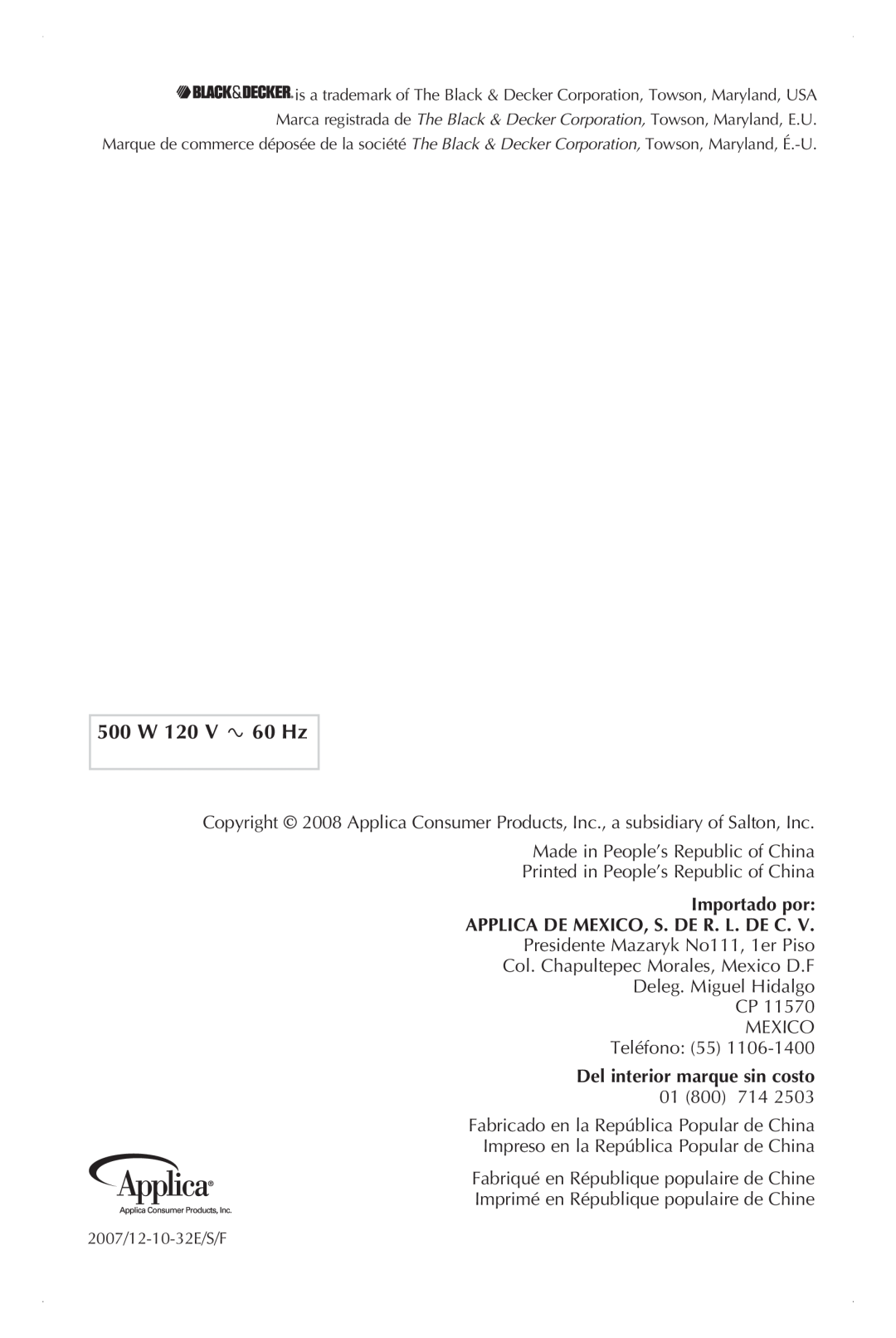 Black & Decker FP2510S, FP2500 manual 500 W 120 V 60 Hz, Importado por, Applica De Mexico, S. De R. L. De C 