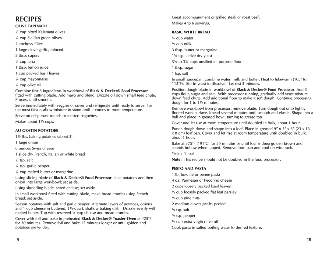 Black & Decker FP2500, FP2510S manual Recipes, Olive Tapenade, Au Gratin Potatoes, Basic White Bread, Pesto And Pasta 