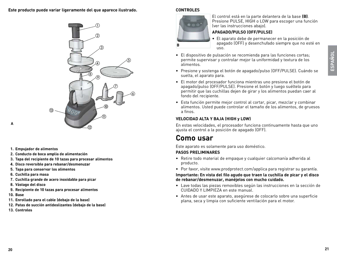 Black & Decker FP2500B manual Como usar, Apagado/Pulso Off/Pulse, Pasos Preliminares 