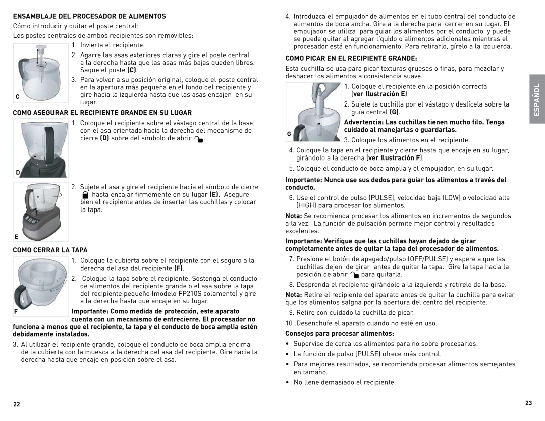 Black & Decker FP2500B manual Ensamblaje DEL Procesador DE Alimentos, Lugar, Como asegurar el recipiente grande en su lugar 