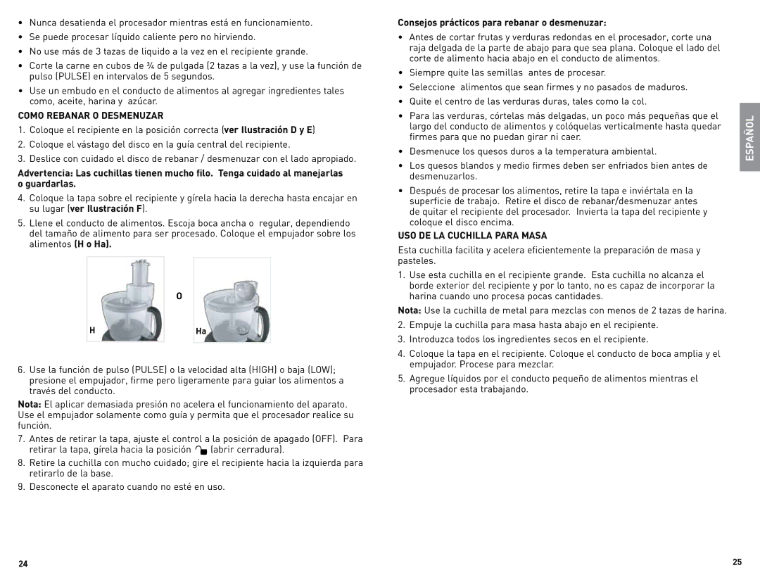 Black & Decker FP2500B manual Como Rebanar O Desmenuzar 