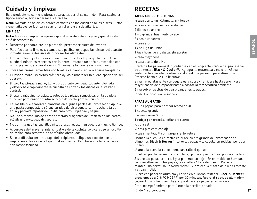 Black & Decker FP2500B manual Cuidado y limpieza, Limpieza, Tapenade DE Aceitunas, Papas AU Gratin 