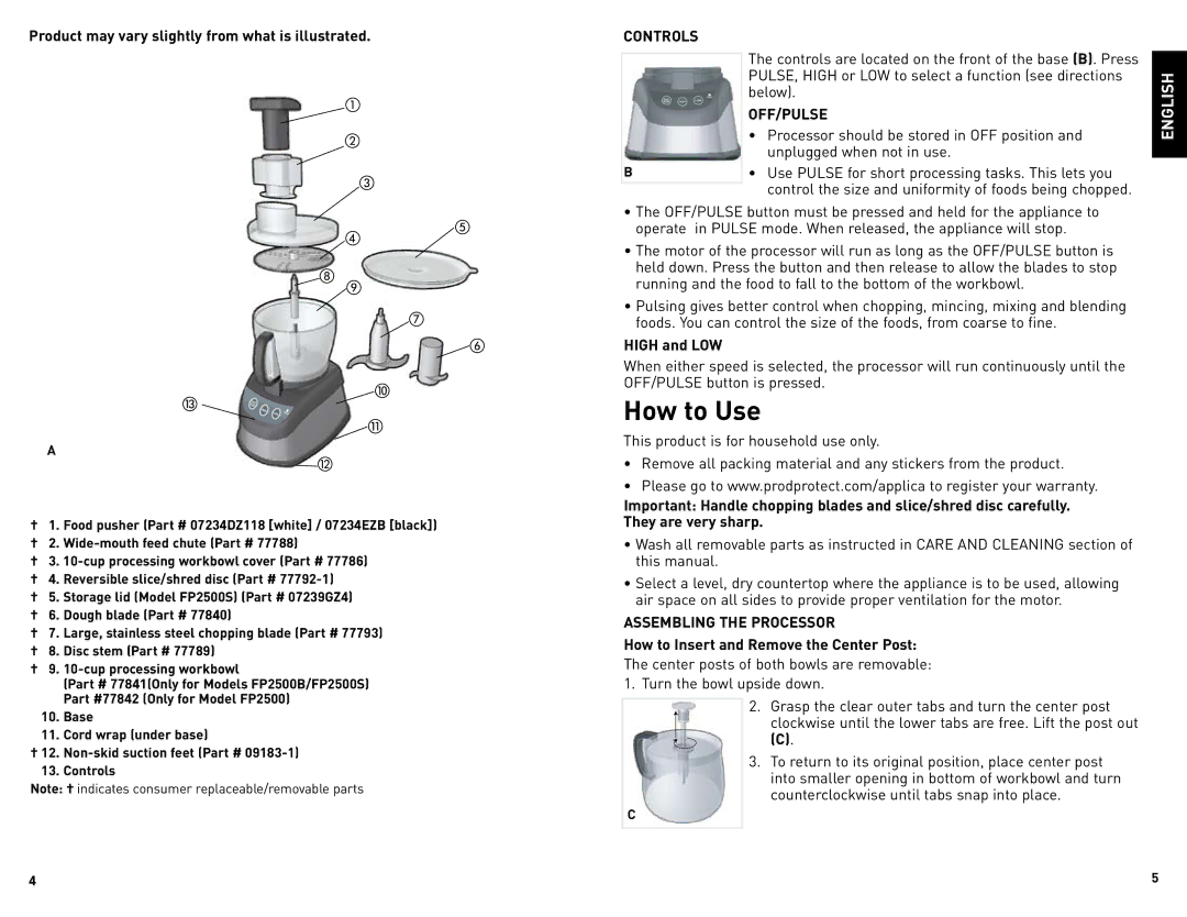 Black & Decker FP2500B How to Use, Product may vary slightly from what is illustrated, Off/Pulse, Assembling the Processor 