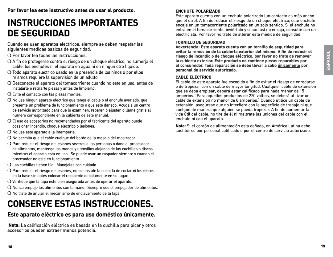 Black & Decker FP2500B Conserve Estas Instrucciones, Por favor lea este instructivo antes de usar el producto, Español 
