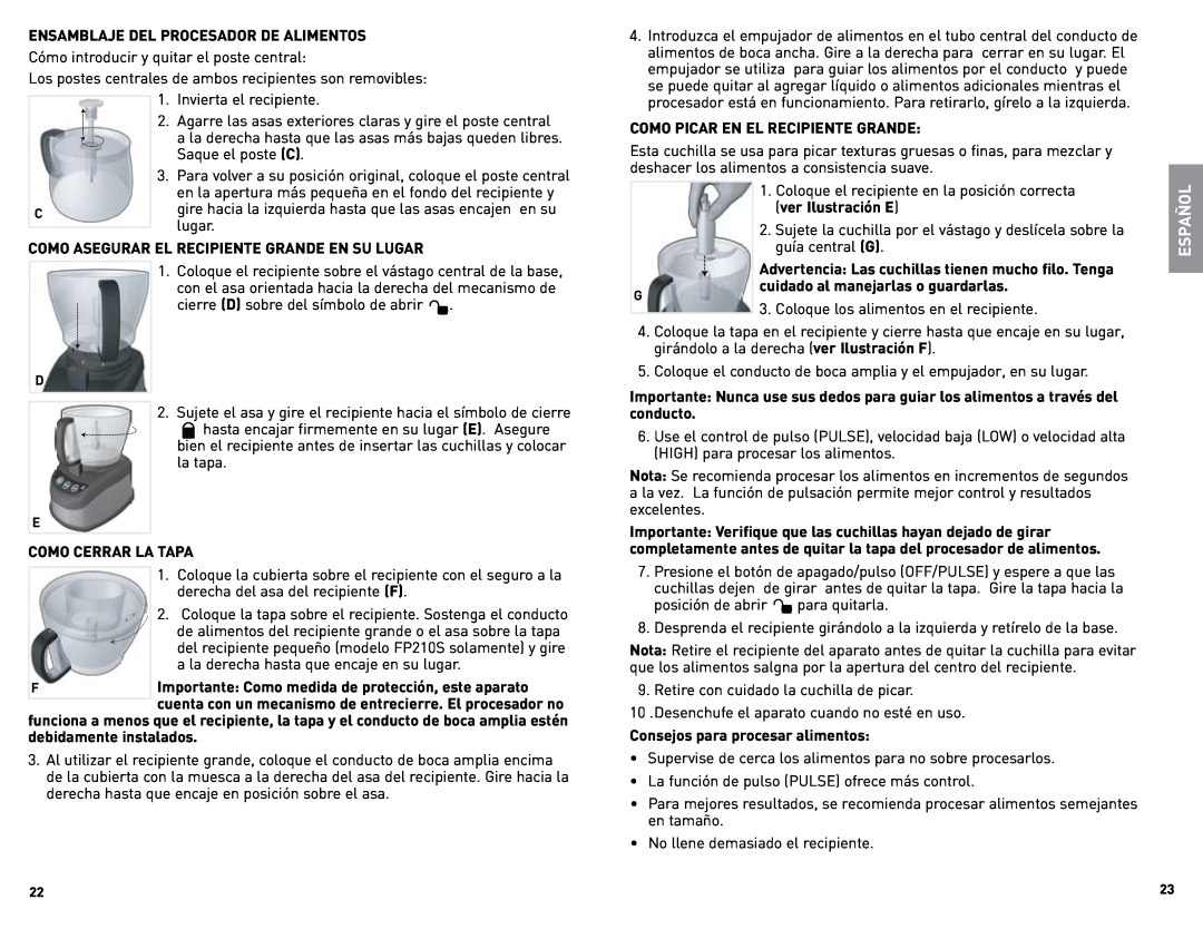 Black & Decker FP2500B manual Español, Ensamblaje Del Procesador De Alimentos 