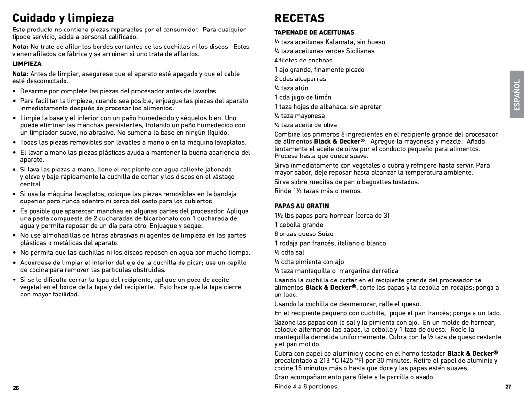 Black & Decker FP2500B manual Cuidado y limpieza, Recetas, Español 
