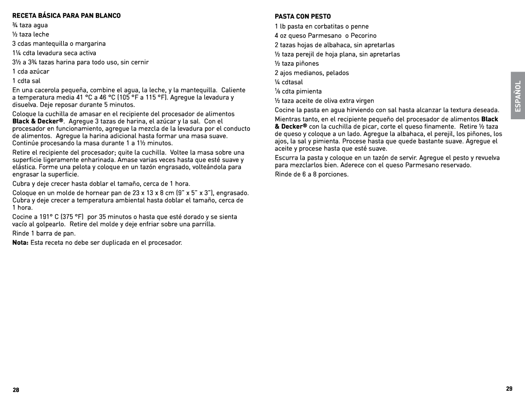 Black & Decker FP2500B manual Español, Receta básica para pan blanco 