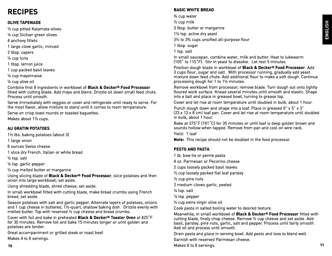 Black & Decker FP2500B manual Recipes, English 