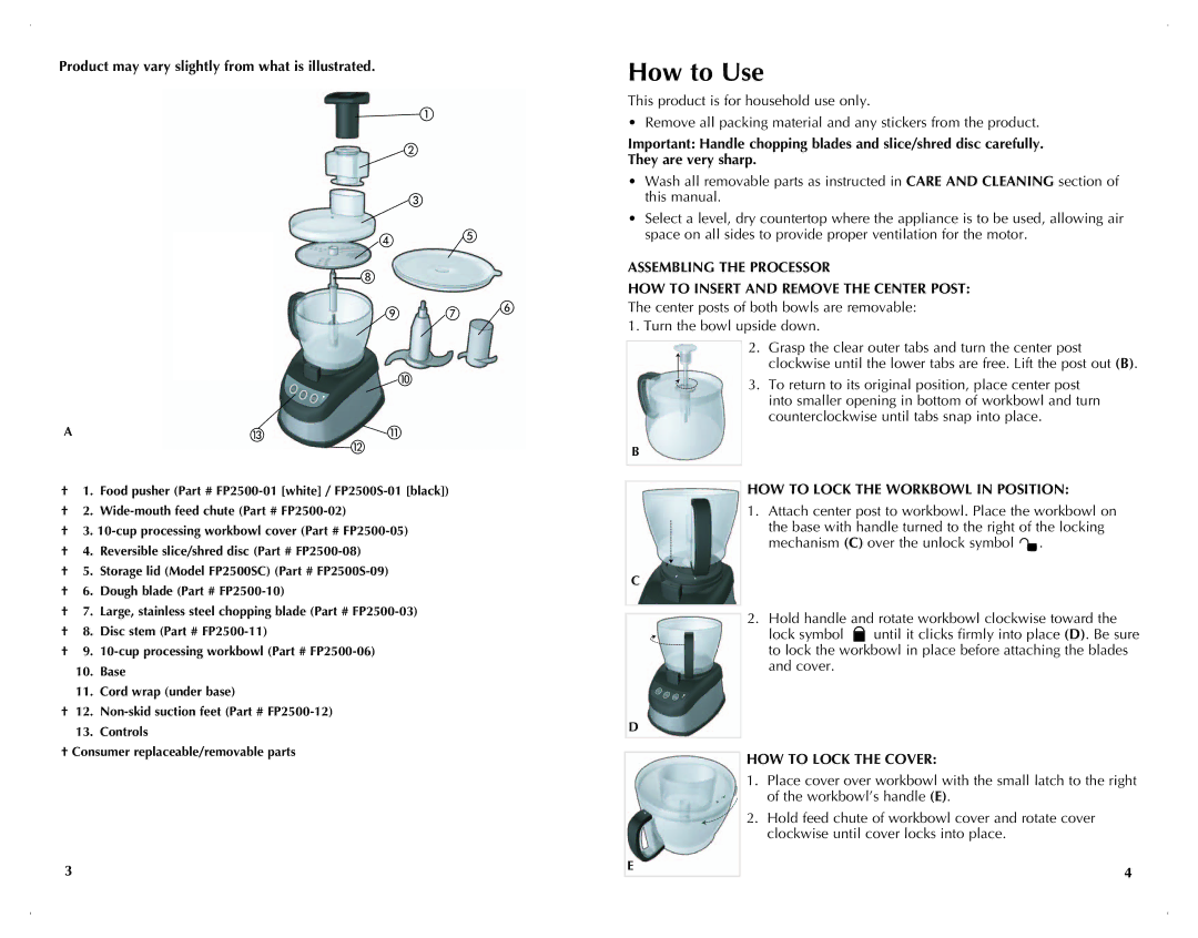 Black & Decker FP2500C, FP2500SC manual How to Use, Assembling the Processor 