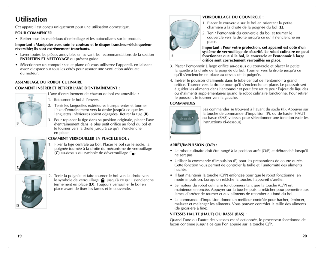 Black & Decker FP2500C Utilisation, Pour Commencer, Assemblage Du Robot Culinaire, Verrouillage du couvercle, Commandes 