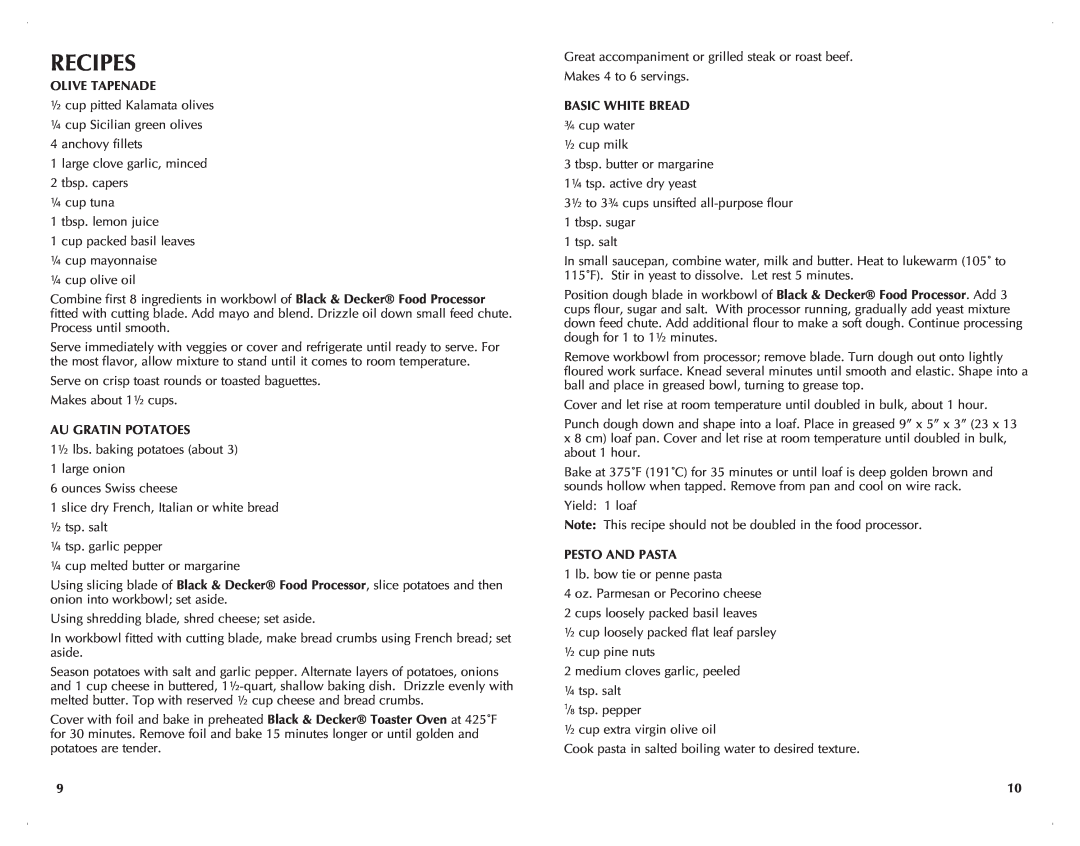 Black & Decker FP2500SC, FP2500C manual Recipes, Olive Tapenade, Au Gratin Potatoes, Basic White Bread, Pesto And Pasta 