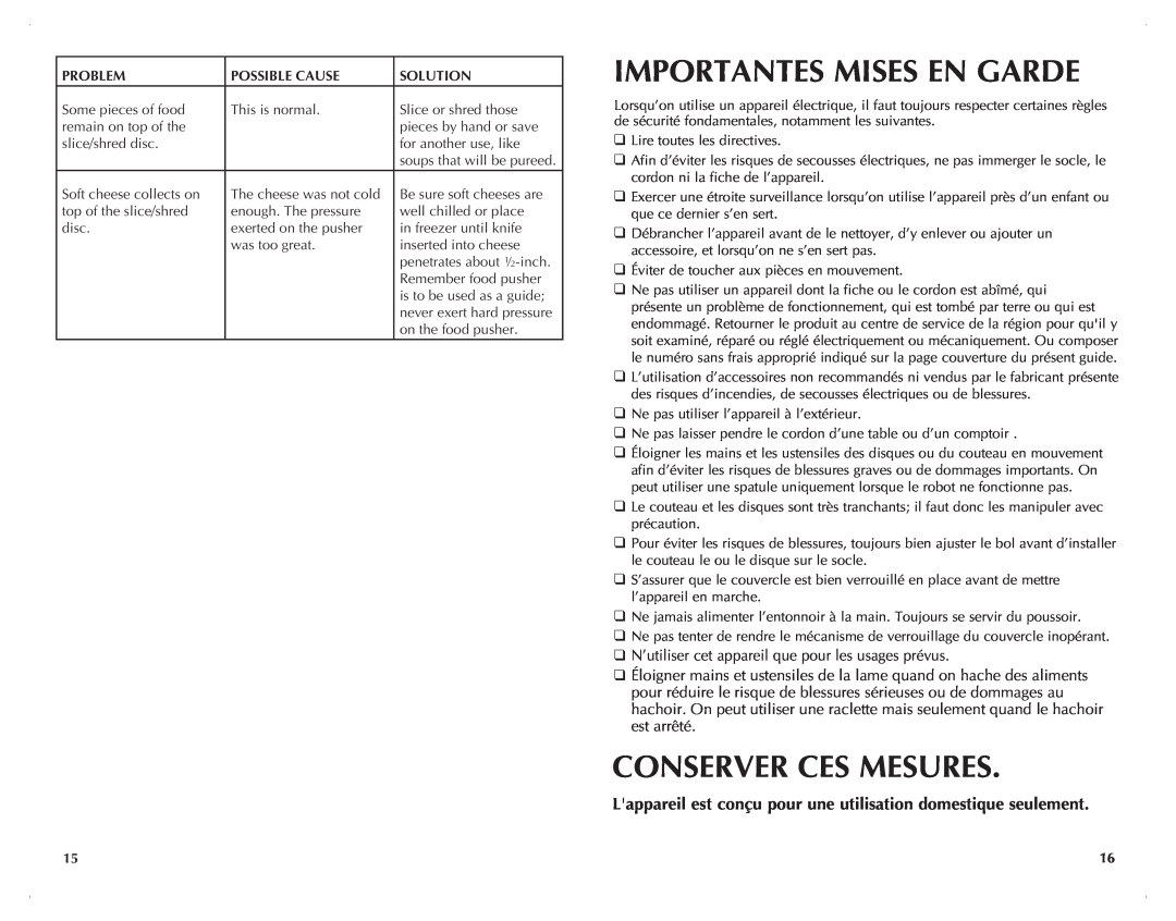 Black & Decker FP2500C, FP2500SC manual Importantes Mises En Garde, Conserver Ces Mesures, Problem, Possible Cause, Solution 