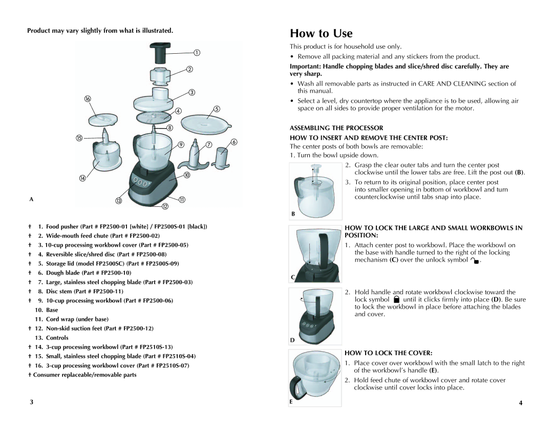 Black & Decker FP2510SKT manual How to Use, Assembling the Processor, HOW to Insert and Remove the Center Post 