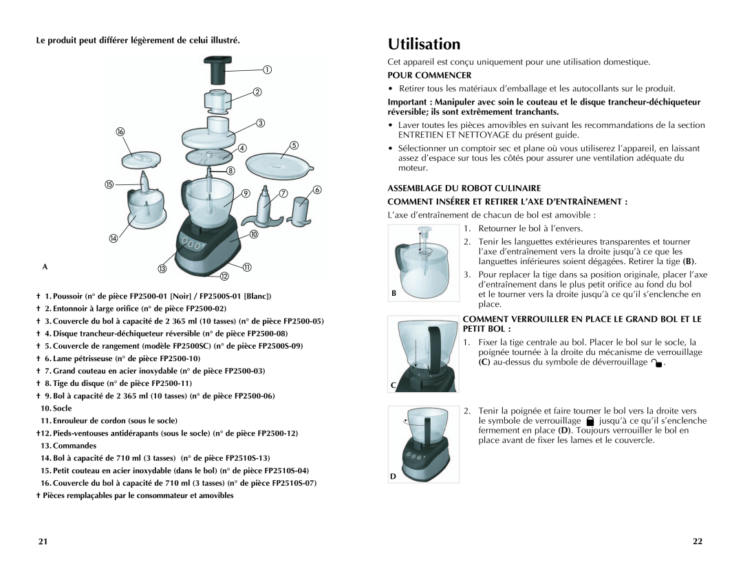 Black & Decker FP2510SKT manual Utilisation, Pour Commencer, Assemblage Du Robot Culinaire 