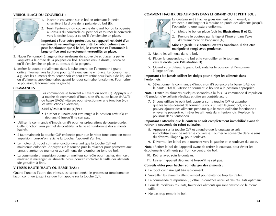Black & Decker FP2510SKT manual Verrouillage Du Couvercle, manipulé et rangé avec prudence, Commandes, Arrêt/Impulsion O/P 