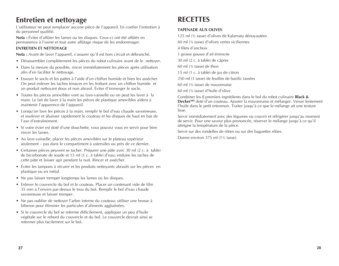 Black & Decker FP2510SKT manual Entretien et nettoyage, Recettes, Entretien Et Nettoyage, Tapenade Aux Olives 