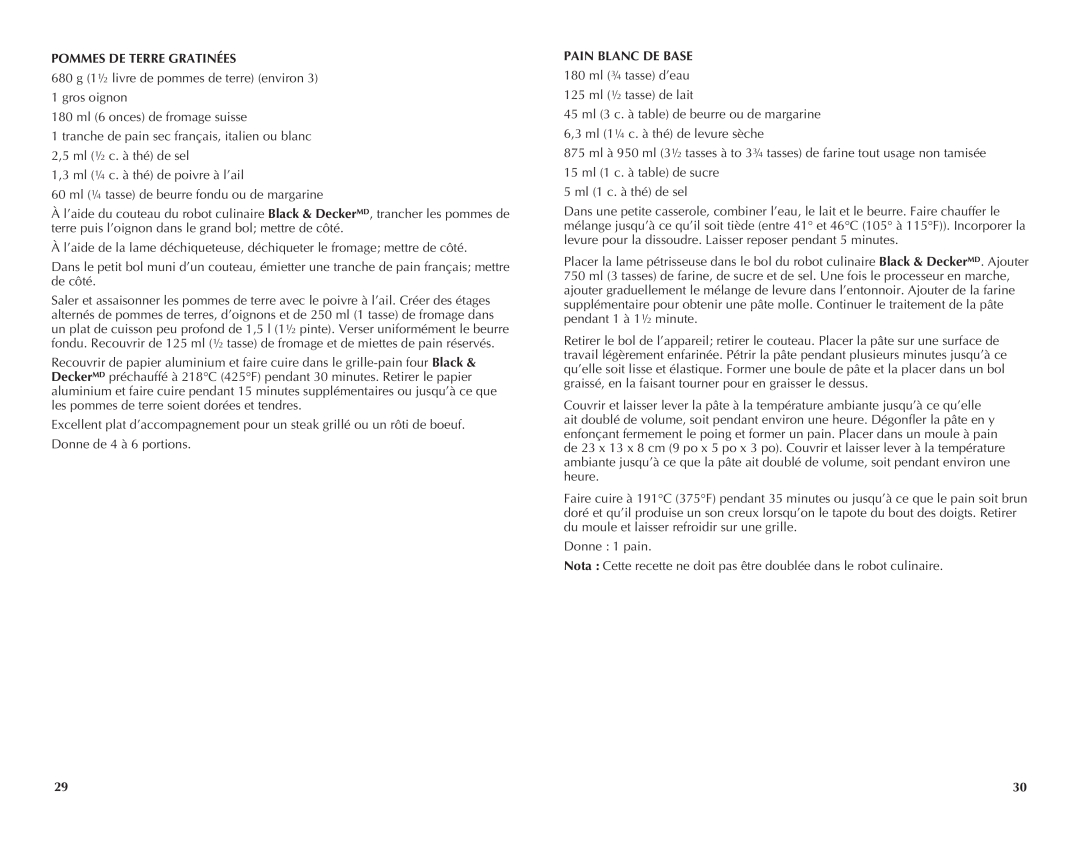 Black & Decker FP2510SKT manual Pommes De Terre Gratinées, Pain Blanc De Base 