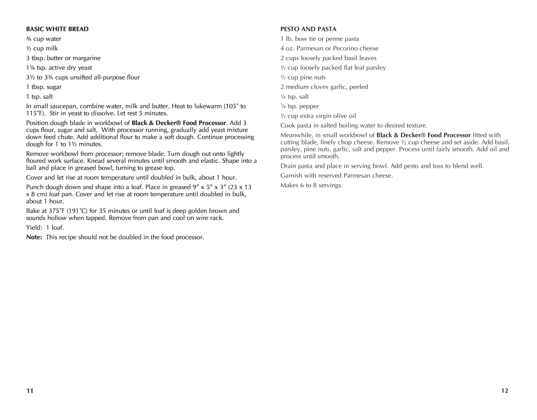 Black & Decker FP2510SKT manual Basic White Bread, Pesto And Pasta 