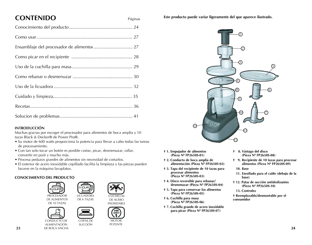 Black & Decker FP2620S manual Contenido, Introducción, Conocimiento DEL Producto 