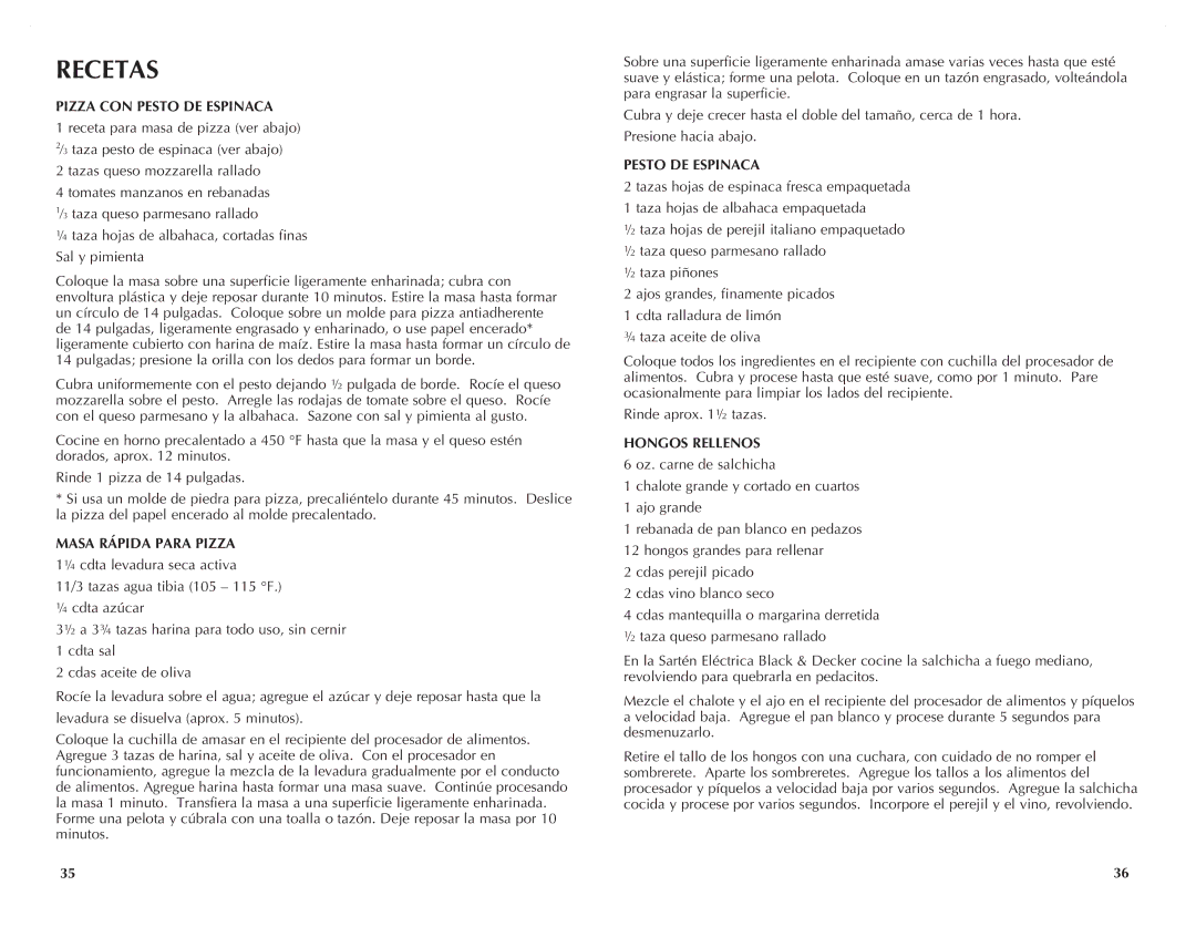 Black & Decker FP2620S manual Recetas, Pizza CON Pesto DE Espinaca, Masa Rápida Para Pizza, Hongos Rellenos 