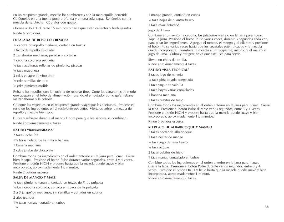 Black & Decker FP2620S manual Ensalada DE Repollo Cremosa, Batido Bananarama, Salsa DE Mango Y Maíz, Batido Isla Tropical 