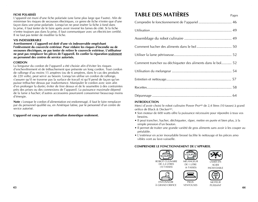 Black & Decker FP2620S manual Table DES Matières, Fiche polarisée, VIS Indesserrable, Cordon 