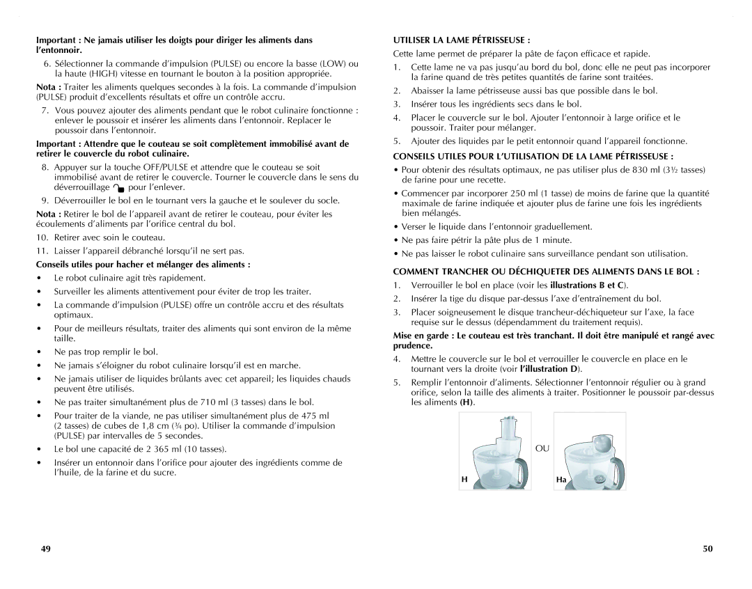 Black & Decker FP2620S manual Conseils utiles pour hacher et mélanger des aliments, Utiliser LA Lame Pétrisseuse 