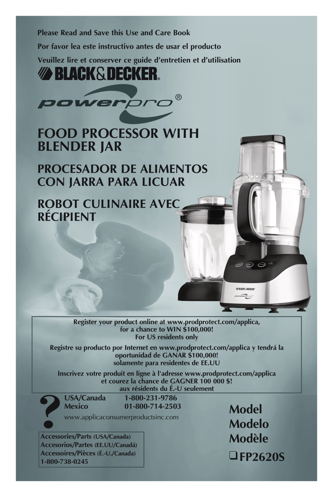 Black & Decker manual Food Processor With Blender Jar, Récipient, Model Modelo Modèle FP2620S, USA/Canada Mexico 
