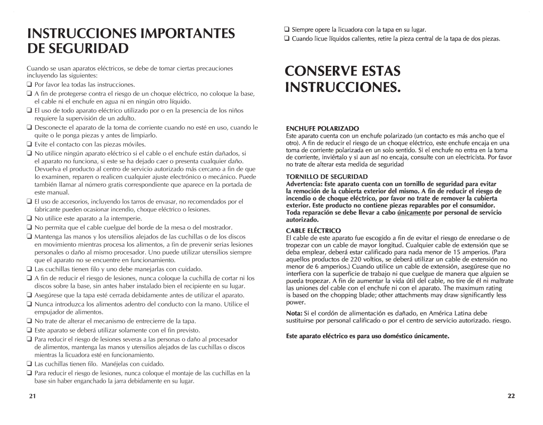 Black & Decker FP2620S manual Conserve Estas Instrucciones, Instrucciones Importantes De Seguridad, Enchufe Polarizado 