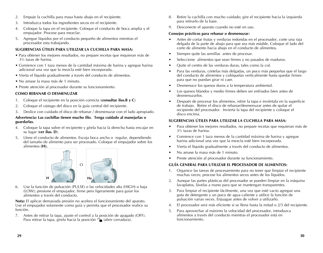 Black & Decker FP2620S manual Sugerencias Útiles Para Utilizar La Cuchilla Para Masa, Como Rebanar O Desmenuzar 