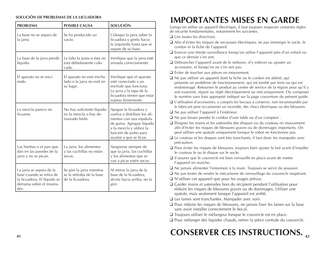 Black & Decker FP2620S manual Importantes Mises En Garde, Conserver Ces Instructions, Solución De Problemas De La Licuadora 