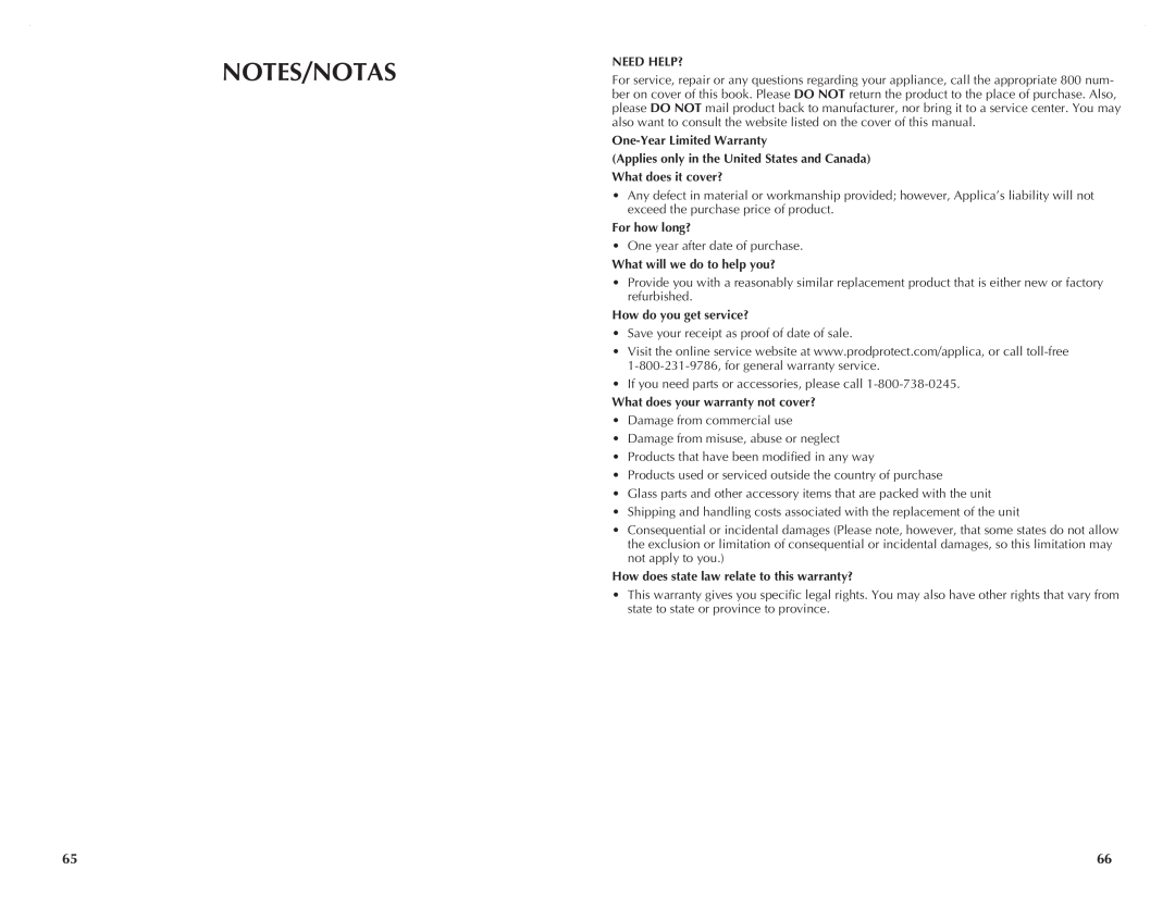 Black & Decker FP2620S Notes/Notas, Need Help?, One-Year Limited Warranty, Applies only in the United States and Canada 